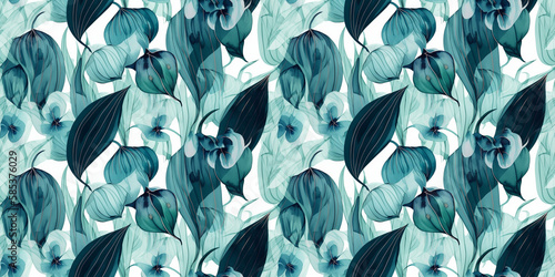 Azure repeating pattern background, tropical leaves, abstract art design – created with generative AI