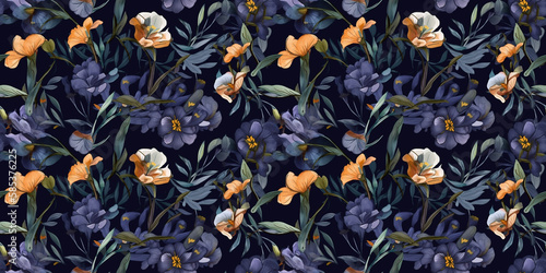 Indigo repeating pattern background, tropical leaves, abstract art design – created with generative AI