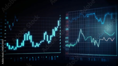 business economic charts with flashing effects, stock analysis, trading, cryptocurrencies, investments. generative ai 