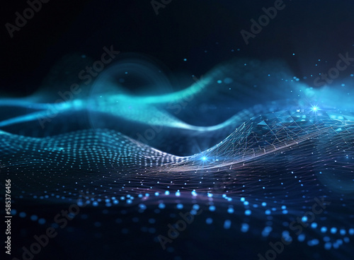 Data, internet and futuristic background wave, with blue connection, abstract and technology illustration for big data, AI or a network or stream of communication, science or music. Blockchain, cloud