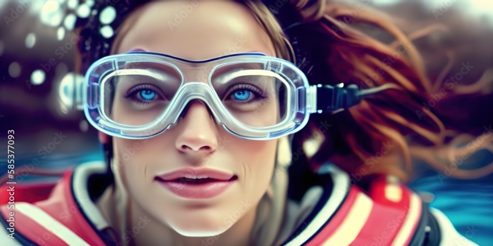 Close up, woman snorkeling with scuba goggles mask. Swimming, free dive in the clear waters, looking at camera. Generative ai Close up, woman snorkeling with scuba goggles mask. Swimming, free dive in the clear waters, looking at camera. Generative ai