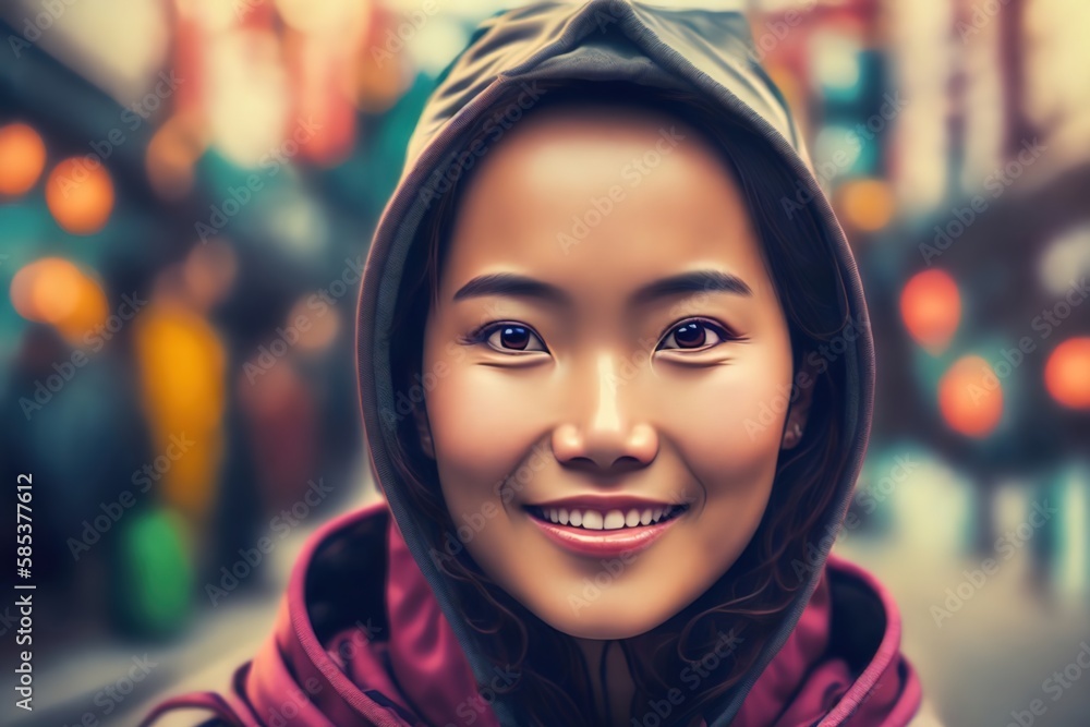 Modern self-confident asian young woman in purple hoodie and trendy sweatshirt. Fashion portrait. Trend marker. Edgy fashion. Ai generative. Modern self-confident asian young woman in purple hoodie and trendy sweatshirt. Fashion portrait. Trend marker. Edgy fashion. Ai generative.