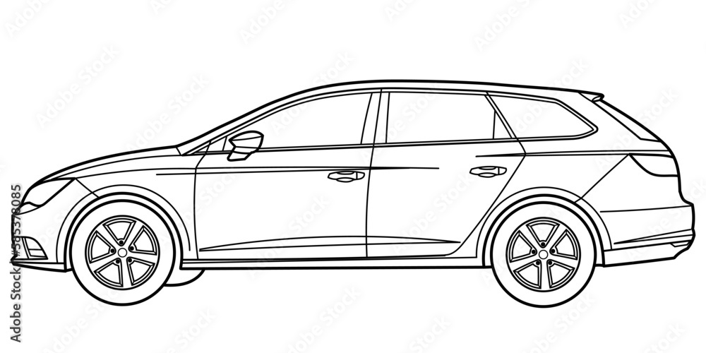 classic station wagon. Different five view shot - front, rear, side and 3d. Outline doodle vector illustration