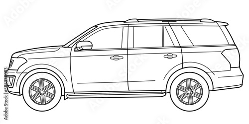 Classic luxury american suv car. Crossover car front view shot. Outline doodle vector illustration. Design for print, coloring book