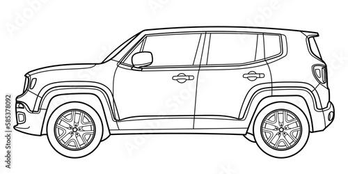 Classic suv car. Crossover car front view shot. Outline doodle vector illustration. Design for print, coloring book