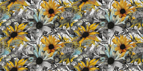 Rudbeckia repeating pattern background, tropical leaves, abstract art design – created with generative AI