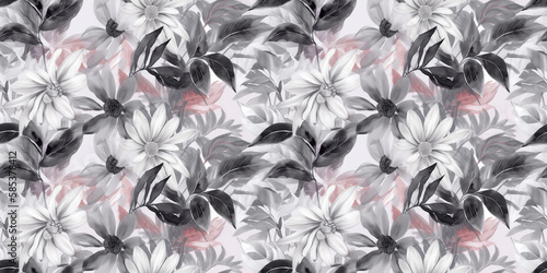 Grey and pink repeating pattern background, tropical leaves, abstract art design – created with generative AI