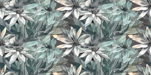 Rudbeckia repeating pattern background, tropical leaves, abstract art design – created with generative AI