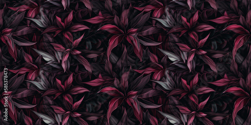 Crimson repeating pattern background, tropical leaves, abstract art design – created with generative AI