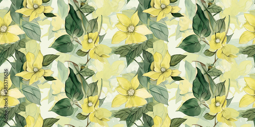 Rudbeckia repeating pattern background, tropical leaves, abstract art design – created with generative AI