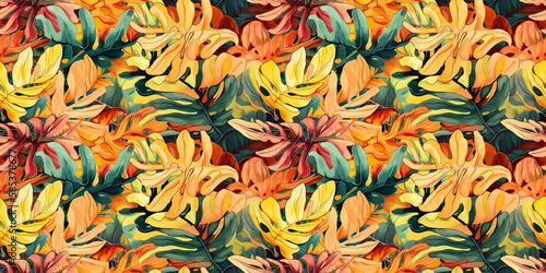 Calathea repeating pattern background, tropical leaves, abstract art design – created with generative AI
