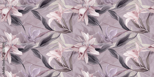 Laelia and Rosa repeating pattern background, tropical leaves, abstract art design – created with generative AI