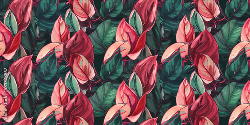 Repeating pattern background, tropical leaves, abstract art design – created with generative AI