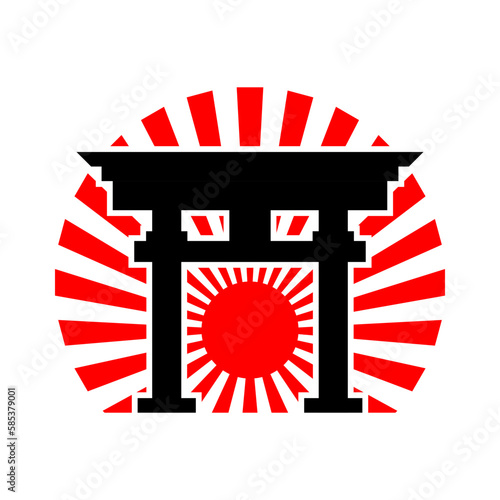 Black gate torii shrine with red circle sun sunshine light rays japaness style icon flat vector design