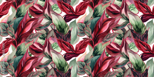 Repeating pattern background, tropical leaves, abstract art design, crimson – created with generative AI