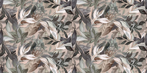 Repeating pattern background, tropical leaves, abstract art design, taupe – created with generative AI