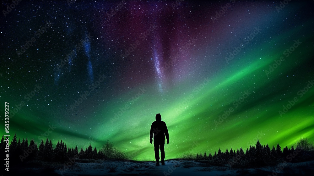 silhouette of a person in a forest, Man walking away. northern lights galaxies surreal. Generative Ai