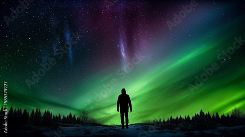 silhouette of a person in a forest, Man walking away. northern lights galaxies surreal. Generative Ai © NishanPrabodhana
