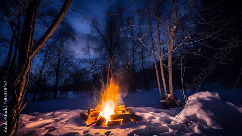 A bright bonfire in a snowy forest at night, winter. Generative Ai © NishanPrabodhana
