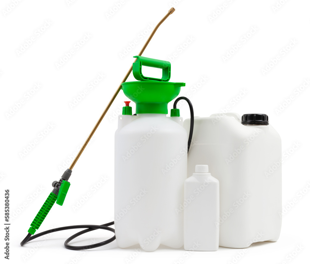 Fototapeta premium Cleaning and disinfection tools kit, isolated on white background with clipping path. Manual pump sprayer nebulizer and jerry can to destroy bacteria housekeeping and pesticides for gardening Plants