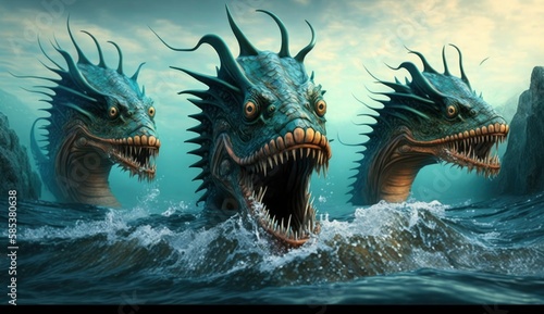 three head sea monster fantasy 3D illustration digital art landscape wallpaper  Generate Ai