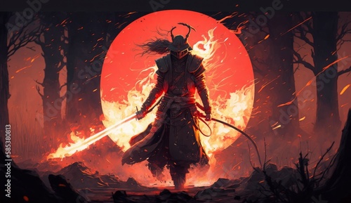 A samurai in a demonic red mask on the battlefield makes a swing with a katana creating a sizzling fire ring around, he is a mystical martial. illustration painting, Generate Ai