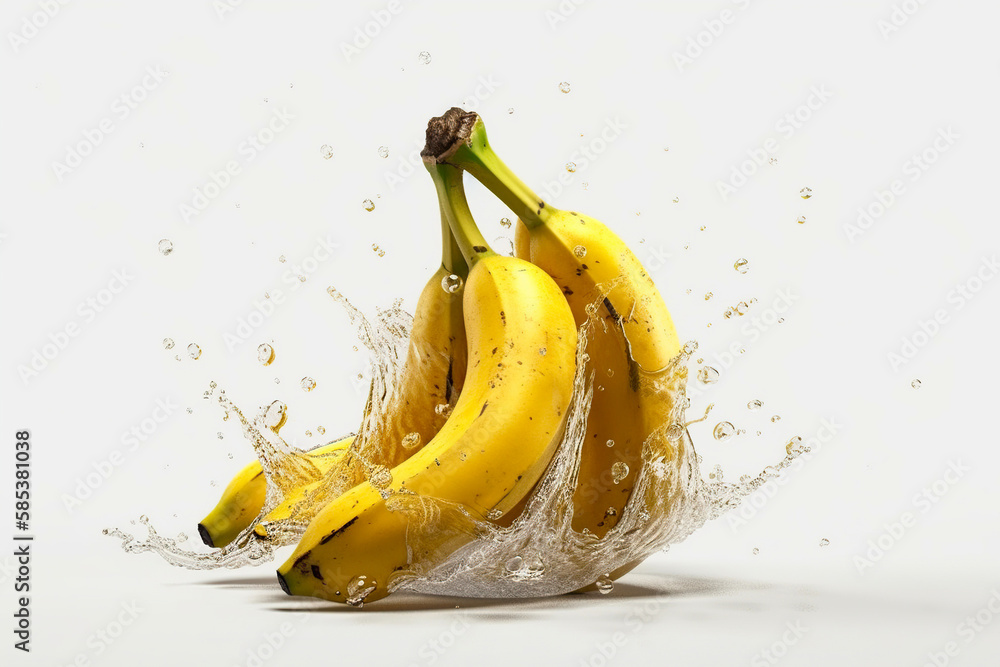 Levitation ripe  bananas with drops of juice water splash, isolated on white background, organic healthy fruit, flying food. AI generative