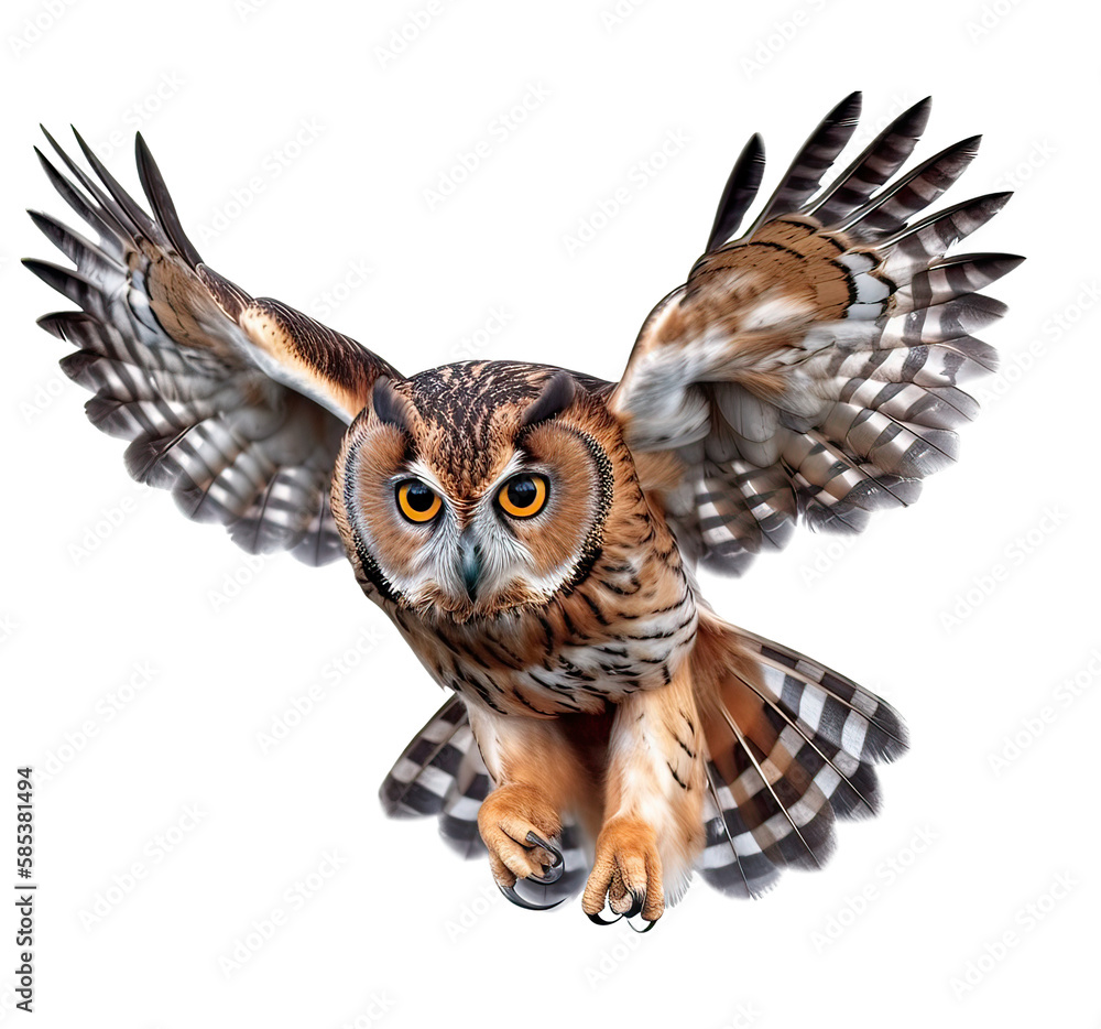 Owl on isolated transparent background. Owl is flying. macro, incredible pollinator, Ultra realistic AI Owl on isolated transparent background. Owl is flying. macro, incredible pollinator, Ultra realistic AI