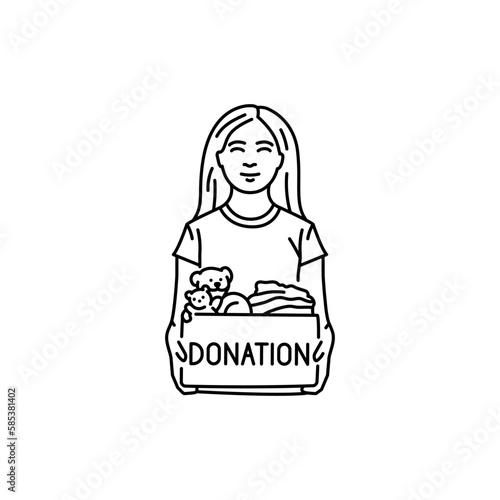 Smiling girl with toys in box black line icon.