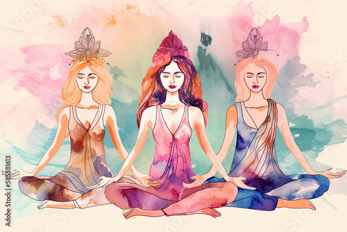 Women doing yoga, symbolizing peace, mindfulness and harmony - AI generated