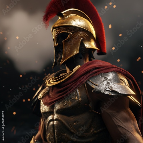 A spartan wearing intricate gold armour ands red robes. Generative AI.