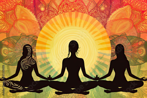Women doing yoga, symbolizing peace, mindfulness and harmony - AI generated