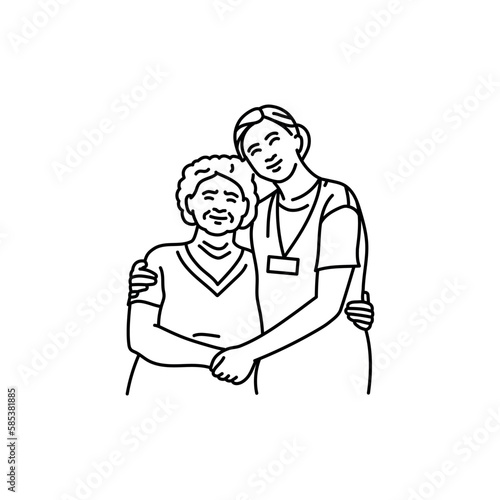 Volunteer nurse hugs an old woman black line icon. Pictogram for web page