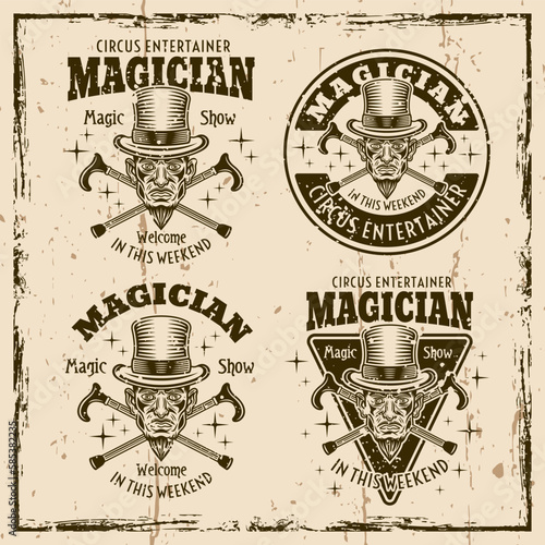 Magic show and illusionists set of vector emblems, logos, badges or labesl with magician in cylinder hat and crossed canes. Illustration on background with grunge textures