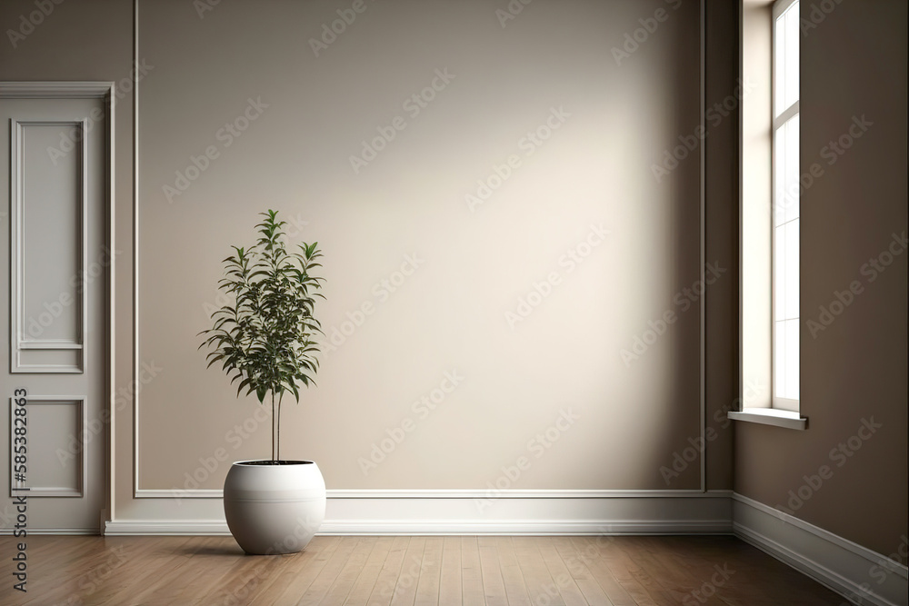 Interior background of an empty room in a minimalist style, beige wall, plant, wooden floor. Place for text. AI generated Interior background of an empty room in a minimalist style, beige wall, plant, wooden floor. Place for text. AI generated