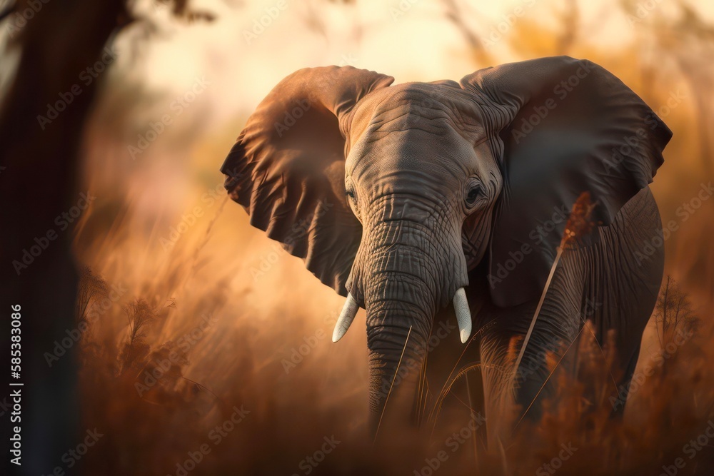 African bush elephant is walking across savanna under sunlight. Generative AI.
