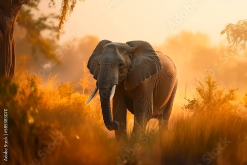 African bush elephant is walking across savanna under sunlight. Generative AI.