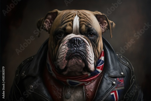 Portrait of a British Bulldog dressed as a biker