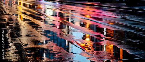 Artistic colorful stripes backdrop with wet asphalt reflection of neon lights texture, generative AI background © Olena Panasovska