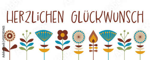 Herzlichen Glückwunsch - Schriftzug in deutscher Sprache. Banner mit abstrakten Blumen im Retro-Stil.