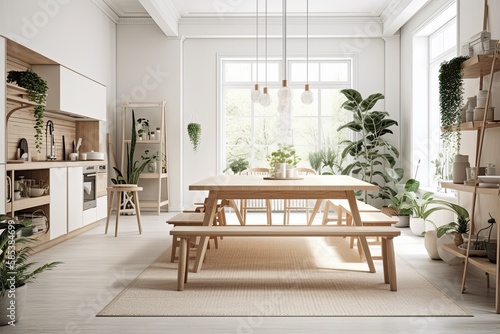 Scandinavian minimalism. Bright studio living, kitchen, and dining. Dishes, island, and plants. Generative AI
