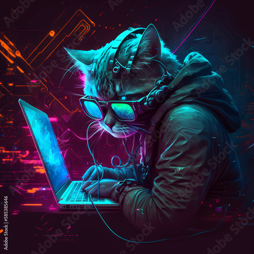 An Abstract Cat Hacker Cyberpunk Journey into Generative AI, Red, Blue
