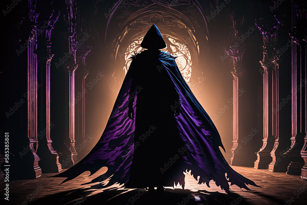 Fantasy Concept Art | mysterious figure emerges from shadows, shrouded in a cloak of deep, rich purple. step forward into light. intricate details on cloak and a sense of grandeur and drama. Ai - obrazy, fototapety, plakaty 