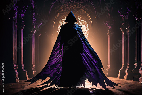 Fantasy Concept Art | mysterious figure emerges from shadows, shrouded in a cloak of deep, rich purple. step forward into light. intricate details on cloak and a sense of grandeur and drama. Ai photo