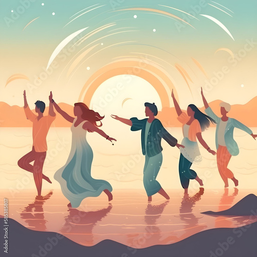 illustration meditation dancing, grup people by the sea