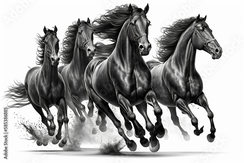 Running Of Four Black Horses On Transparent Background, Generative Ai