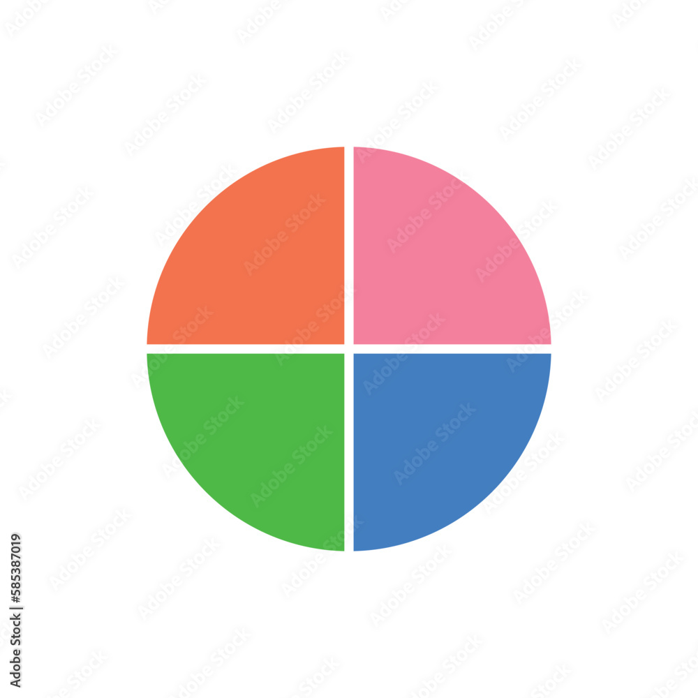 Four parts of circle. Pie chart with four same size sectors. Vector illustration isolated on white background. Four parts of circle. Pie chart with four same size sectors. Vector illustration isolated on white background.