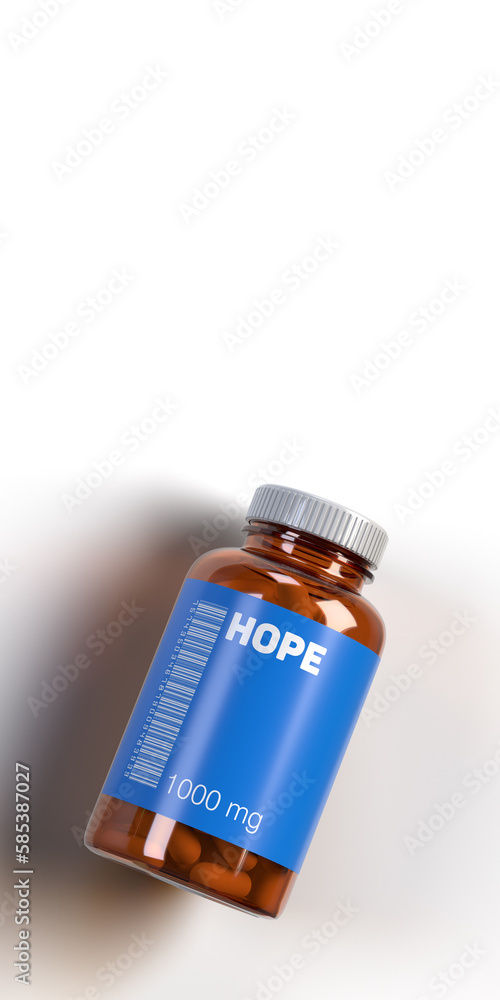 Blue HOPE medicine pills in vial with barcode on white background, copy space, clipping path. Emotion based FAKE generated drug name concept. Vertical 3D render illustration design.