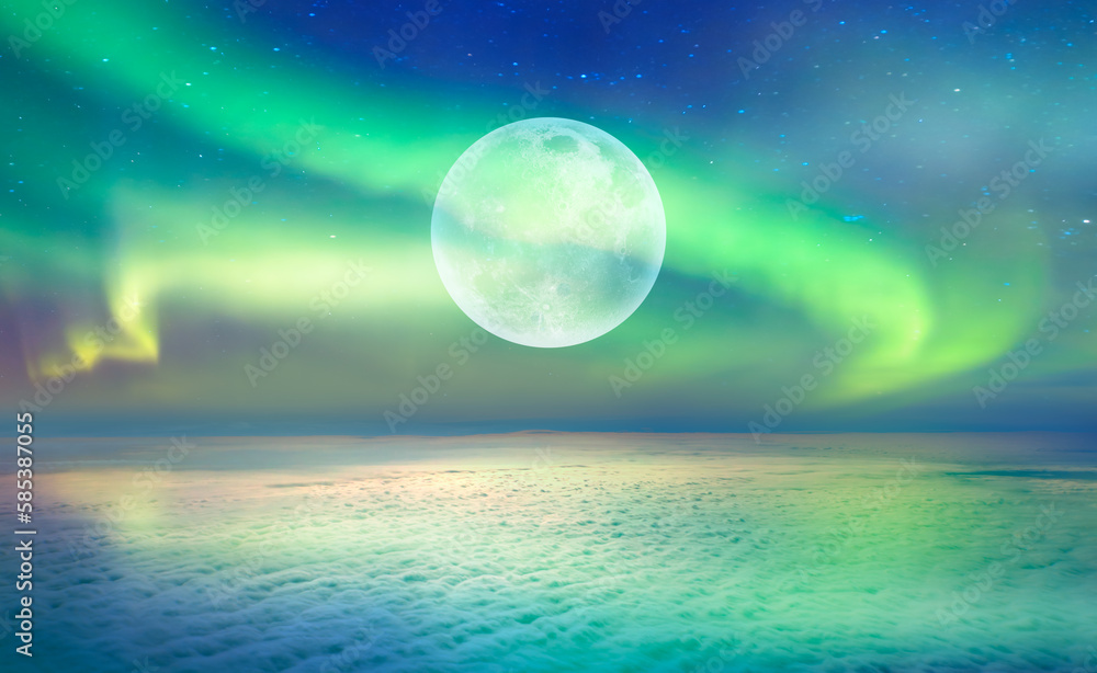 Amazing aurora borealis above the clouds with full moon Amazing aurora borealis above the clouds with full moon