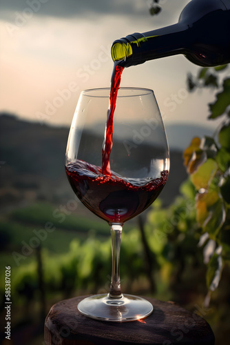 Red wine is pouring into a glass from a bottle with a vineyard view,  Generative AI 44